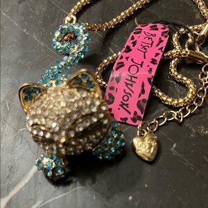 Betsey Johnson Gold and Blue Rhinestone Cat Necklace